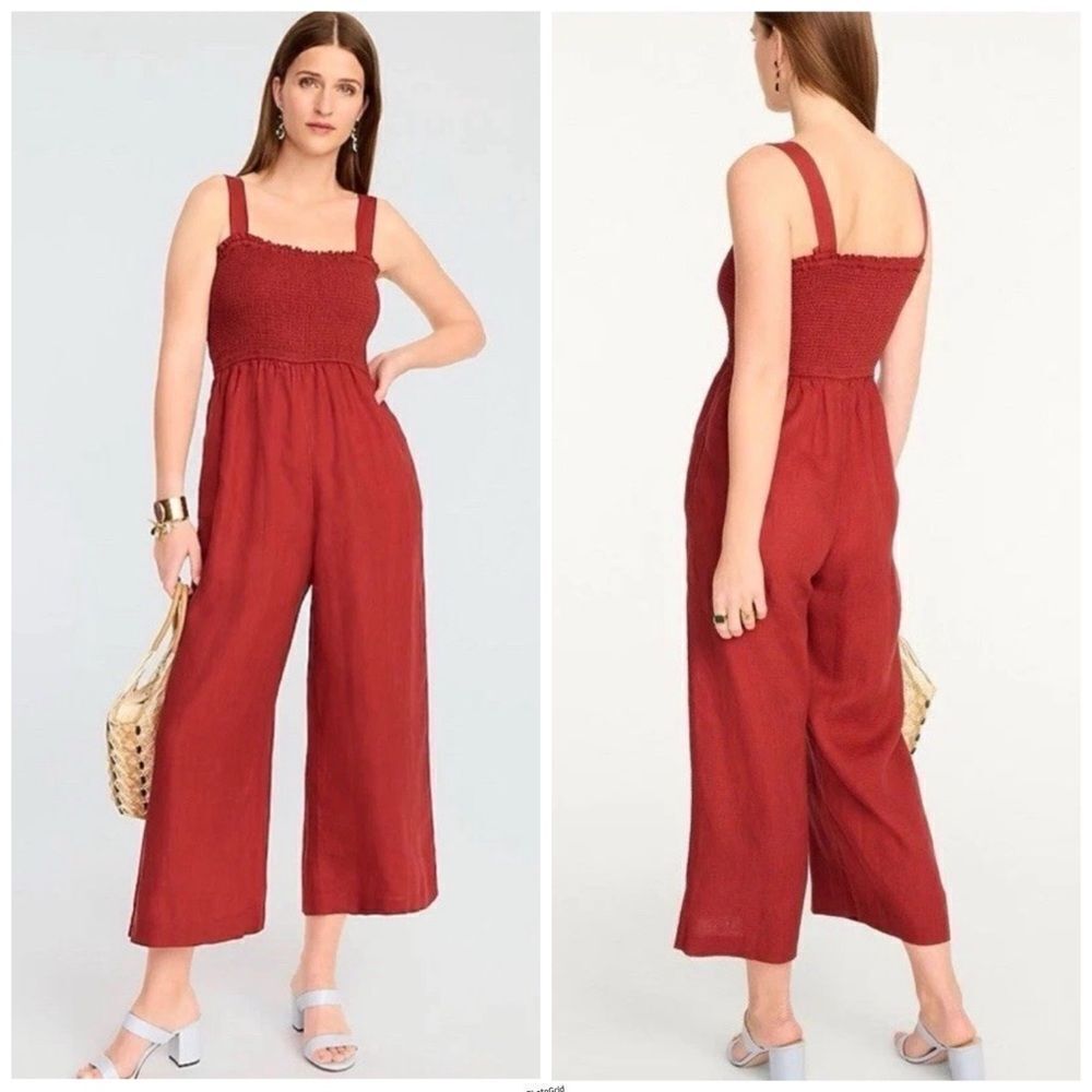 J.Crew Linen Jumpsuit Square Neck Chimney Brick Red Cropped